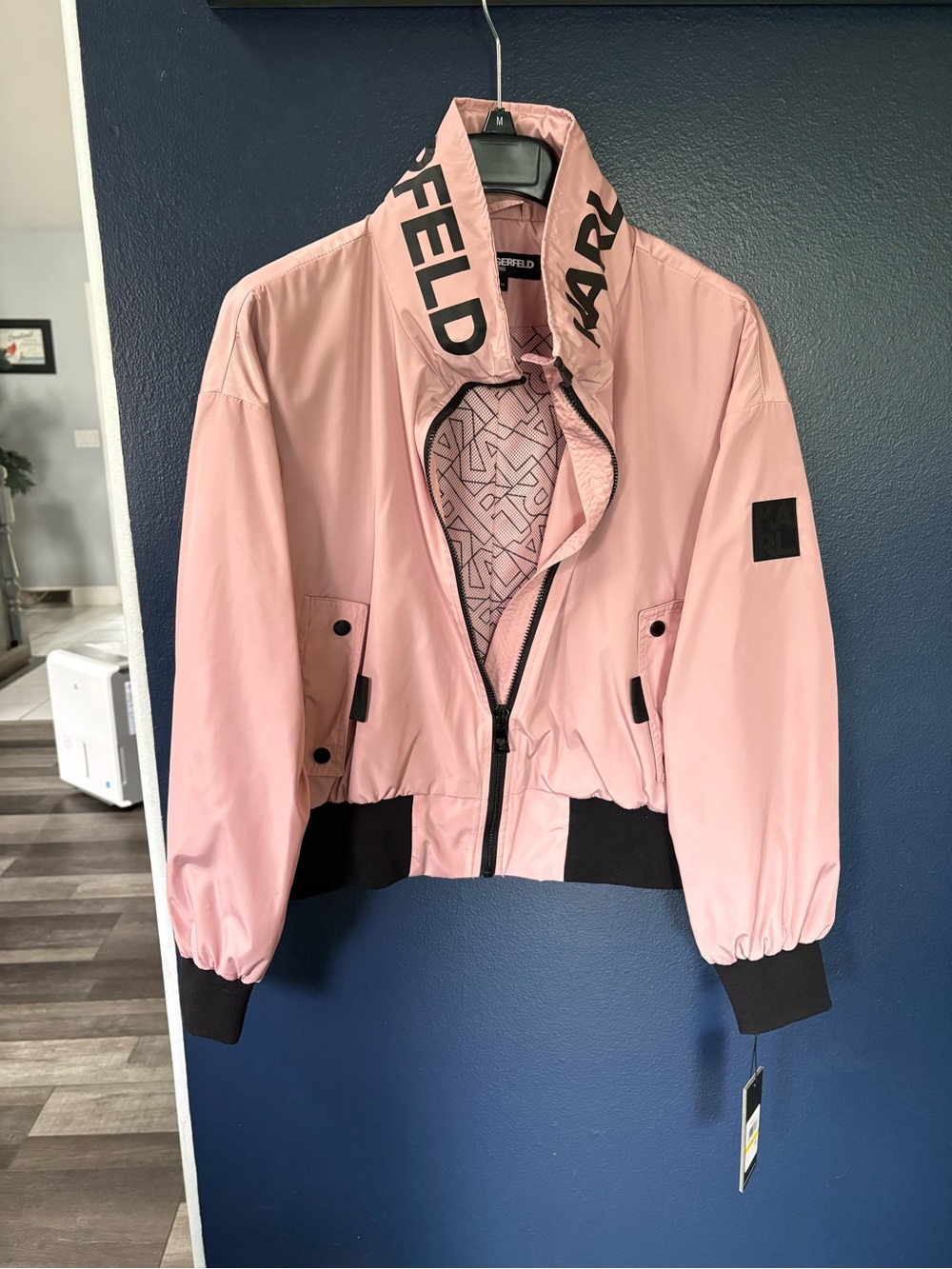 Karl Lagerfeld Blush Pink Bomber Jacket with Black Trim